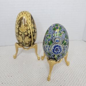 Hand Painted Kashmir Wooden Eggs Bundle Of 2 Eggs With Stand.